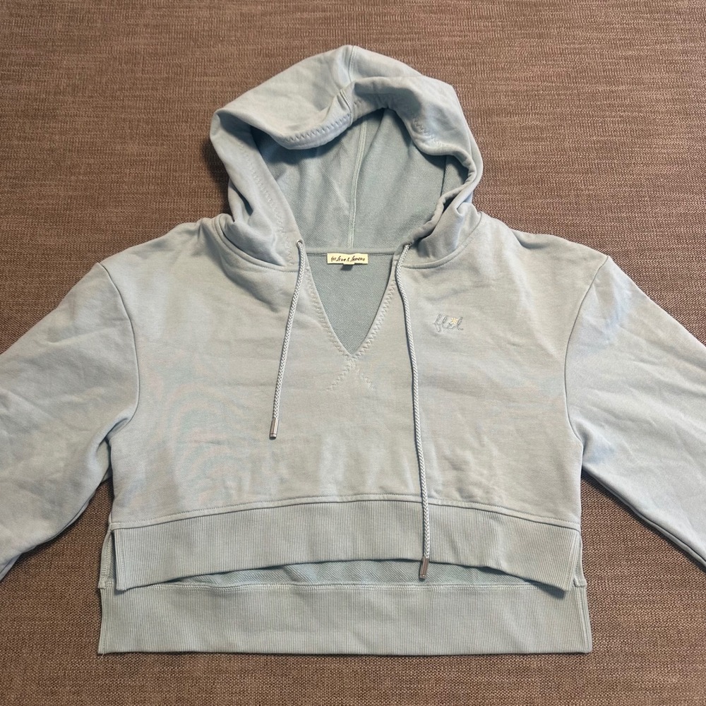 For Love & Lemons Hoodie Women Medium Light Blue Cropped V-Neck Logo